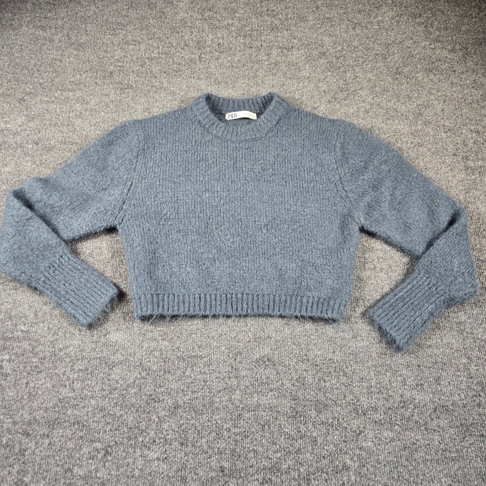 Zara Sweater Women S Blue Cropped Fuzzy Knit Crew Neck Pullover